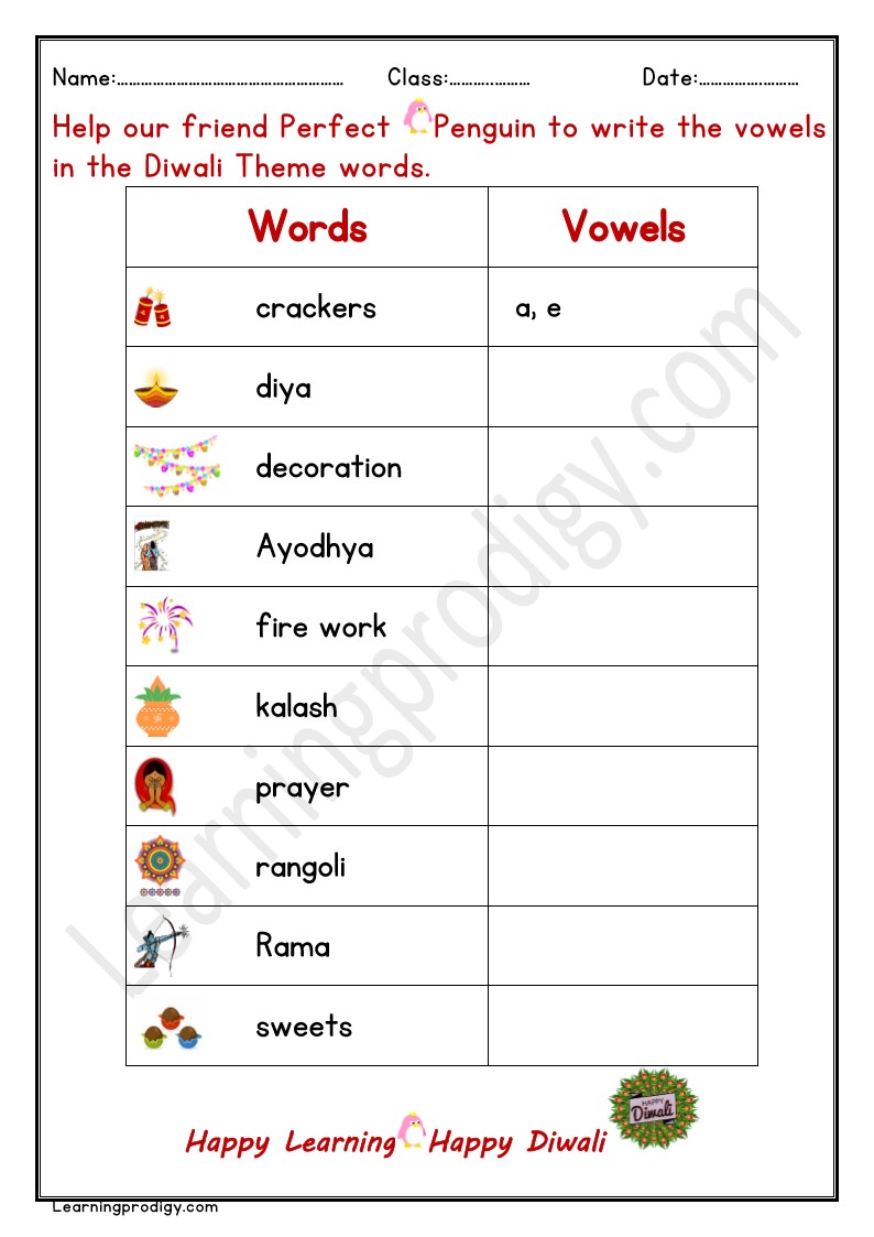 Free PDF Diwali Vowels Worksheet for Grade One Kids.