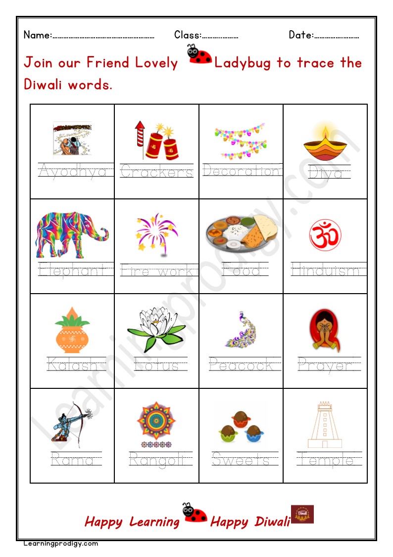 Free Printable Diwali Word Tracing Worksheet with Pictures.