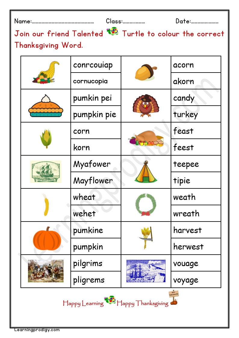 Free Printable Thanksgiving Day Correct Spelling Worksheet With Pictures.