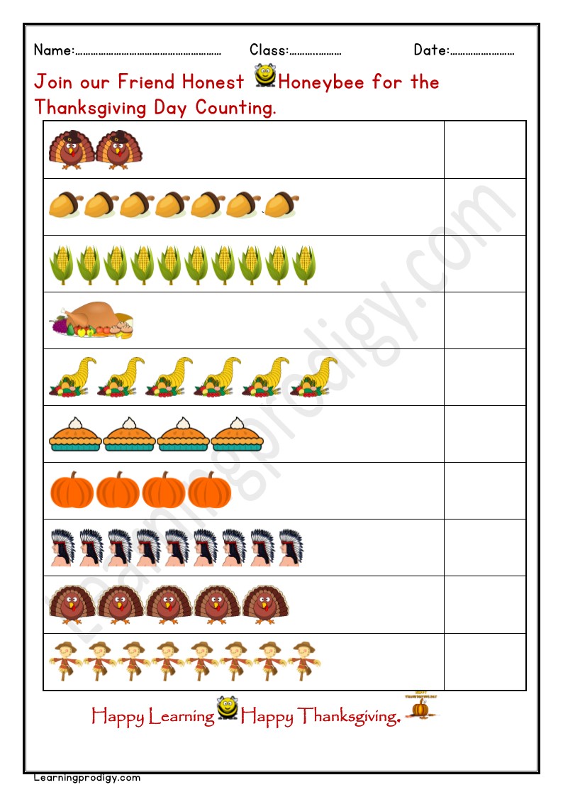 Free Printable Thanksgiving Day Counting Worksheet for Kindergarten Kids.