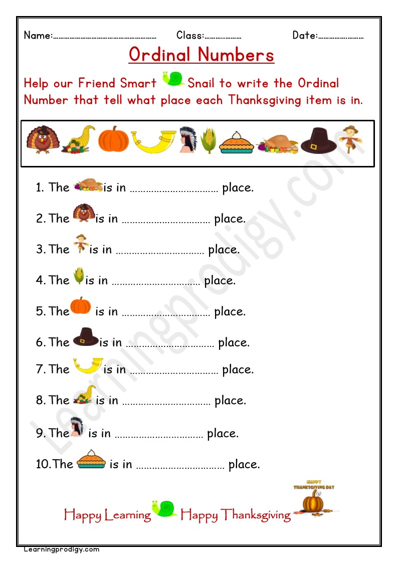 Free Printable Thanksgiving Day Ordinal Worksheet for Kindergarten Kids.