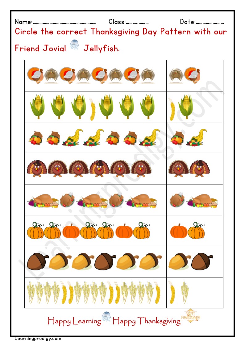 Free Printable Thanksgiving Day Pattern Math Worksheet for Kindergarten Kids.