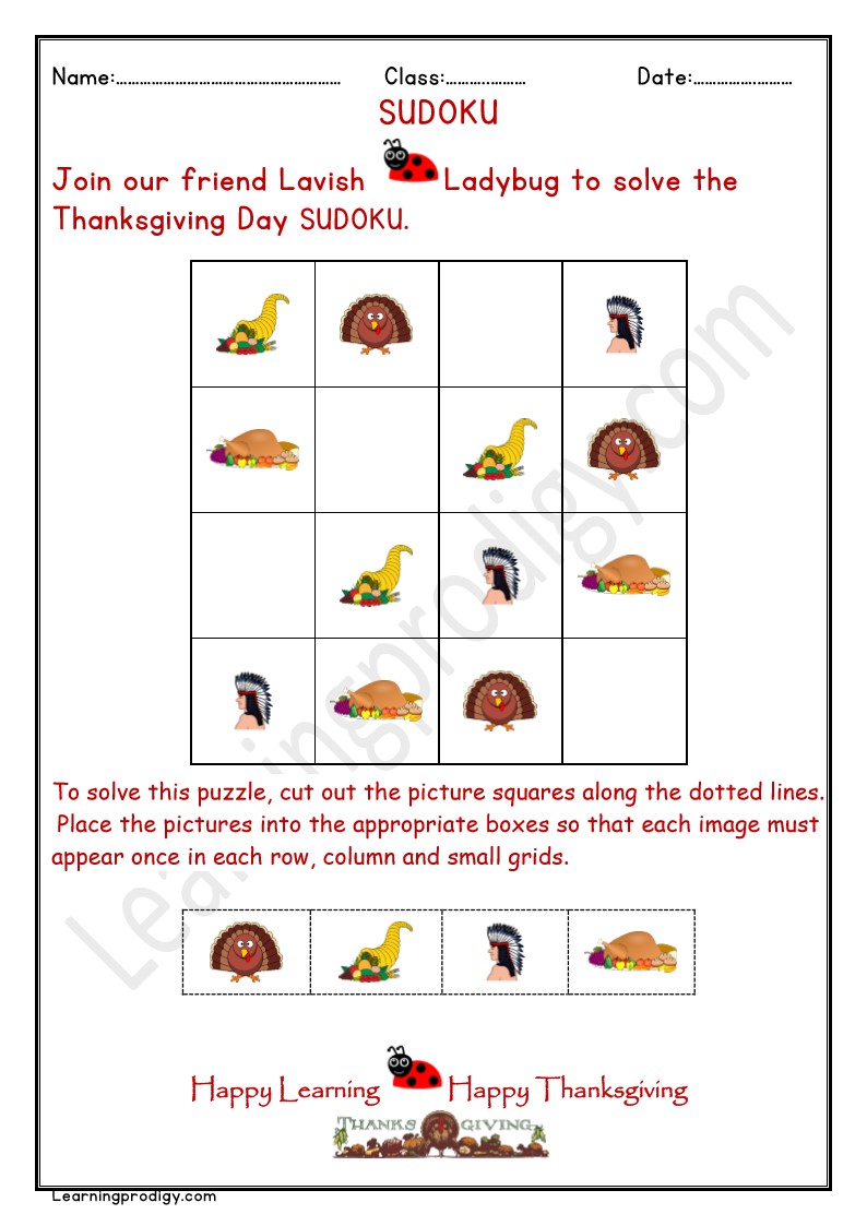 Free PDF Thanksgiving Day Sudoku Puzzle Worksheet with Answer.