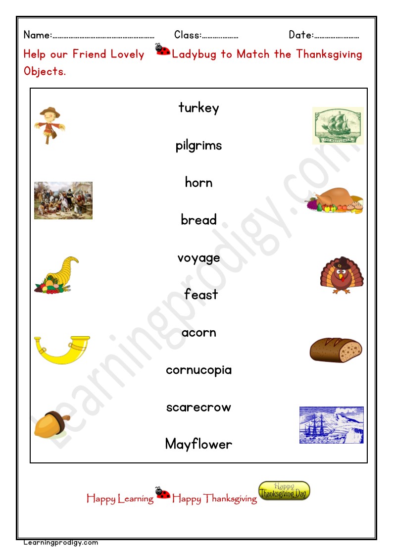 Free Printable Thanksgiving Day Matching Worksheet for Kindergarten Kids With Pictures.