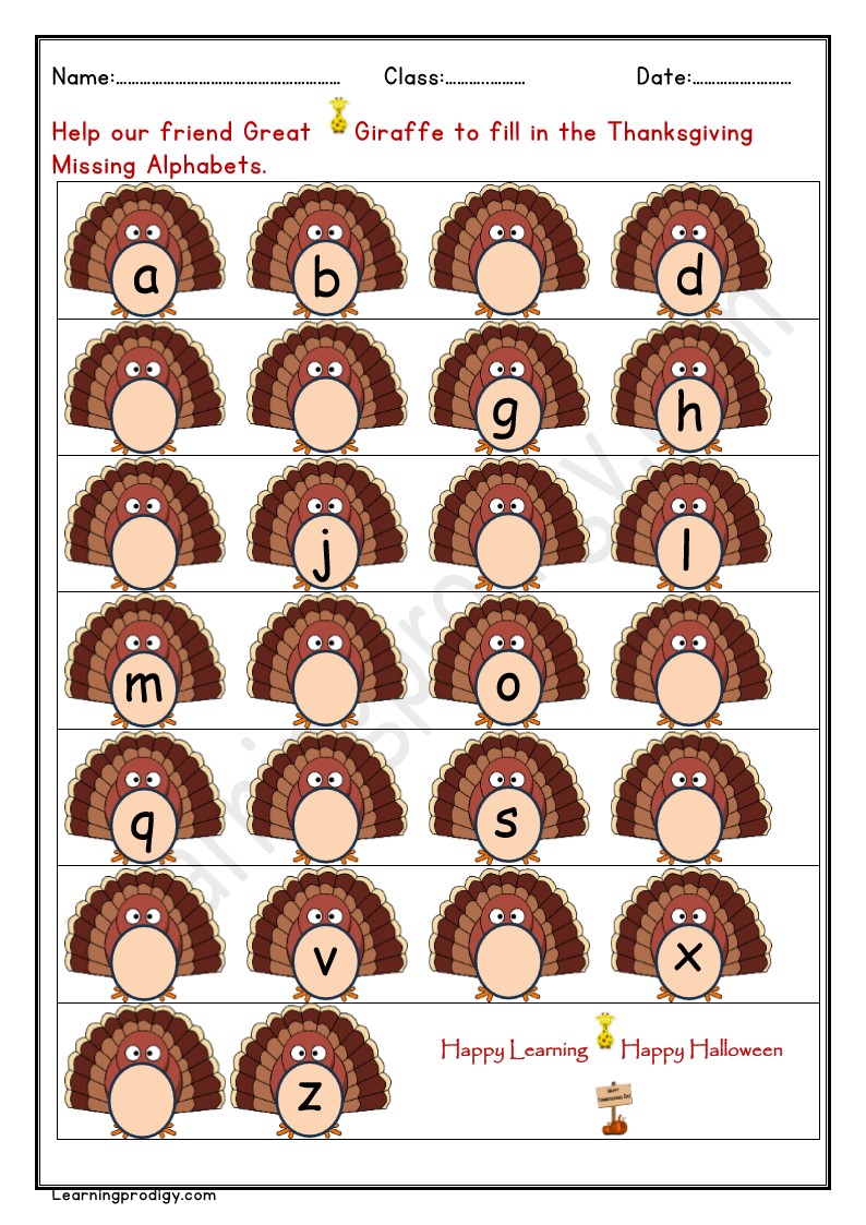 Free PDF Thanksgiving Day Missing English Alphabets Worksheet for Pre- Schoolers With Pictures.