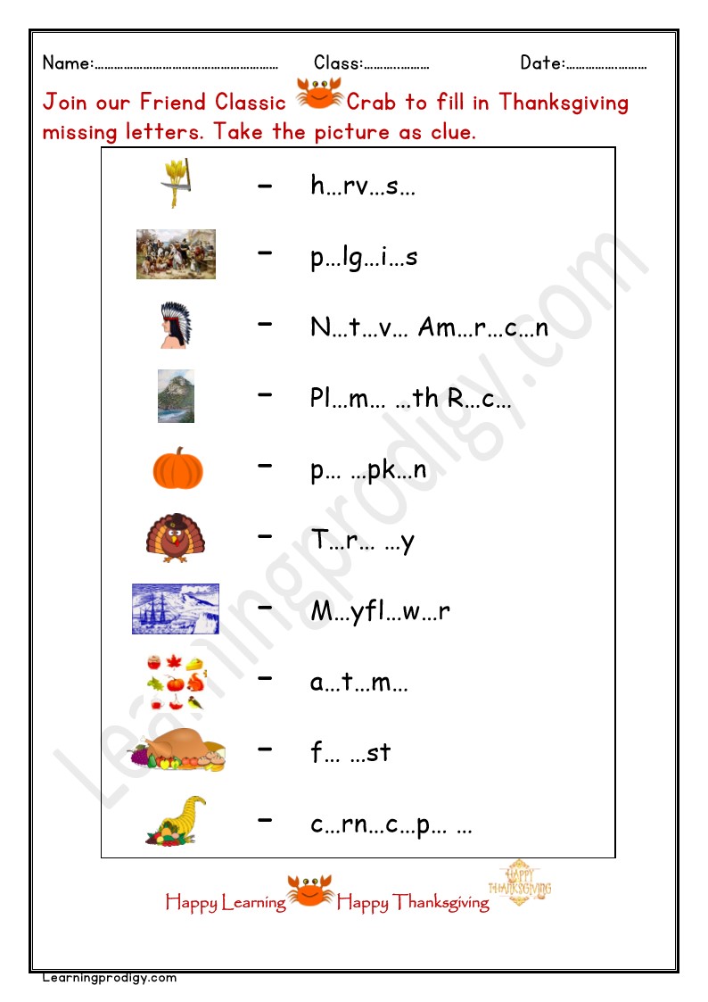 Free Downloadable Thanksgiving Day Missing Letters With Pictures.