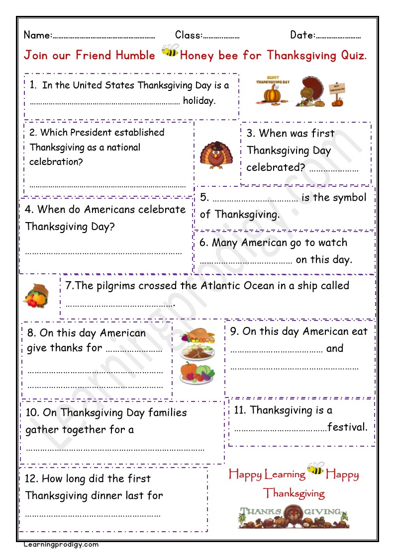 Free Printable Thanksgiving Day Quiz with Answers.