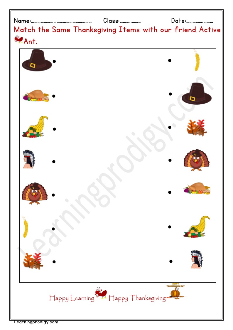 Free Printable Same Items Matching on Thanksgiving Day Theme With Pictures.