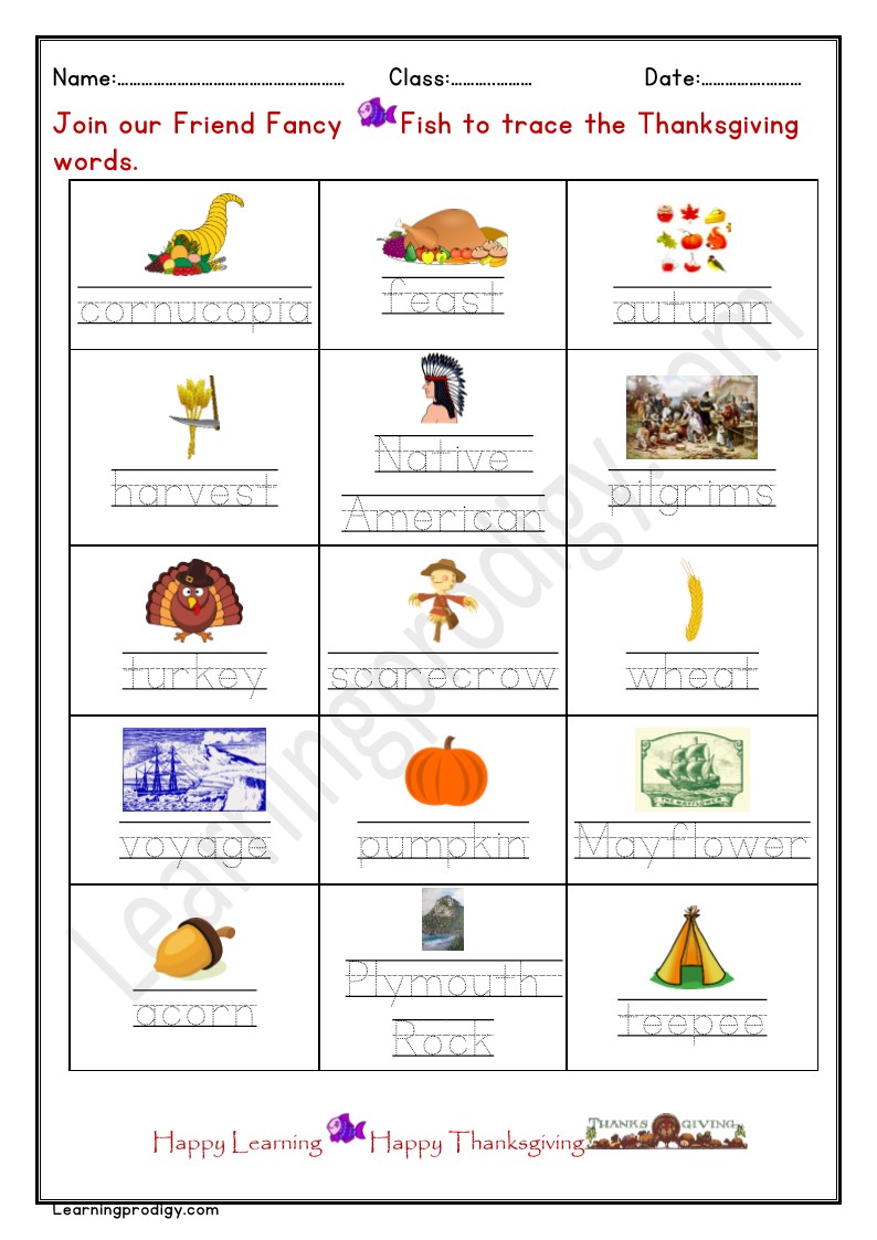 Free Printable Thanksgiving Day Tracing Words Worksheet With Pictures.