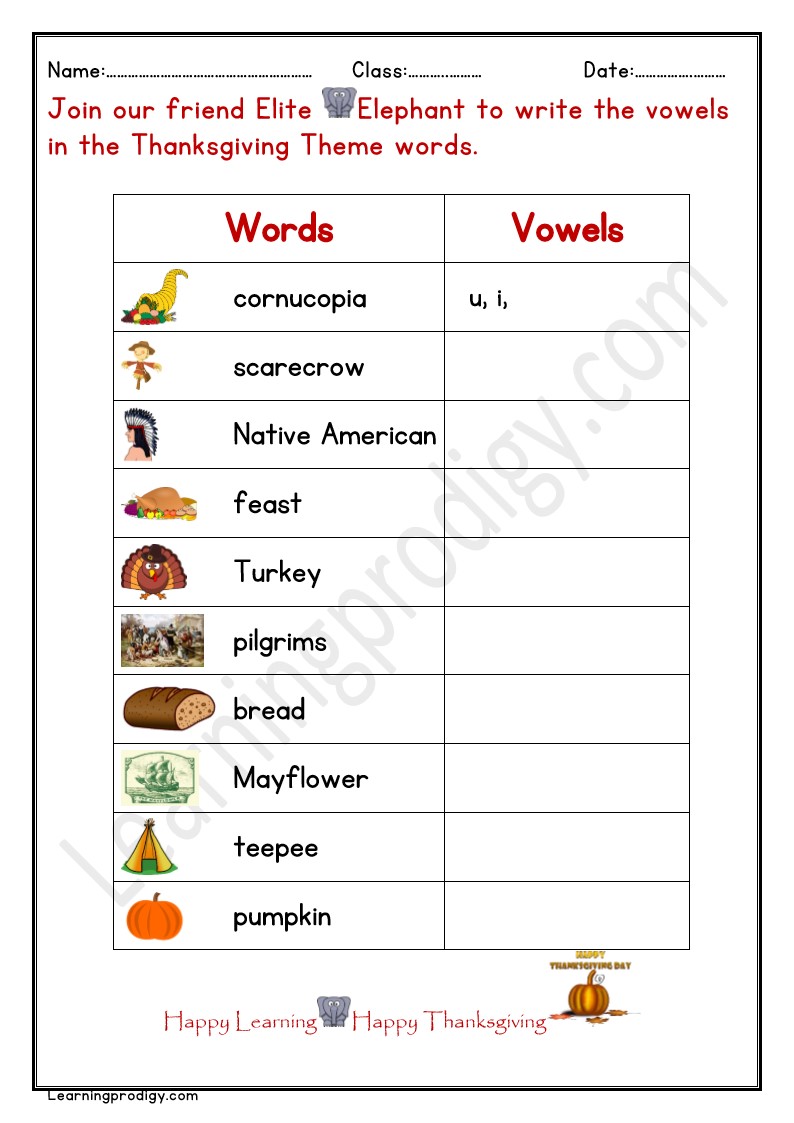 Free Printable Thanksgiving Day Vowels Worksheet for School Kids With Pictures.
