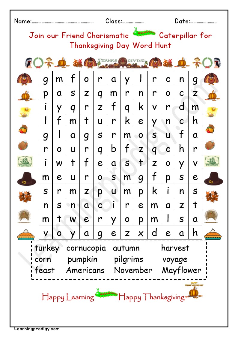 Free Printable Thanksgiving Day Word Hunt Worksheet with Answers.