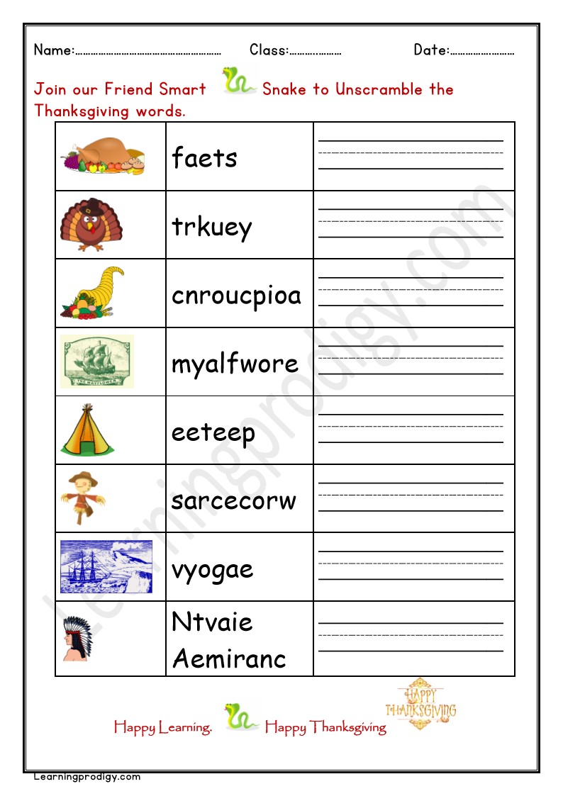 Free Printable Thanksgiving Day Unscramble the Words With Pictures.