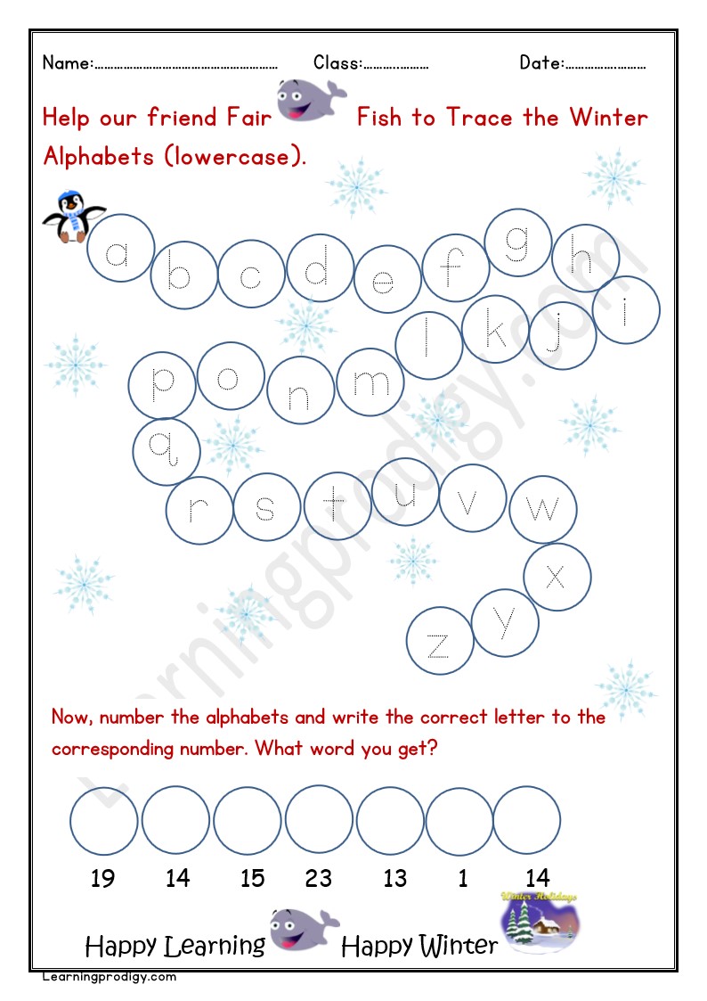 Free Printable Winter Theme English Alphabets Tracing Small case for Nursery Kids