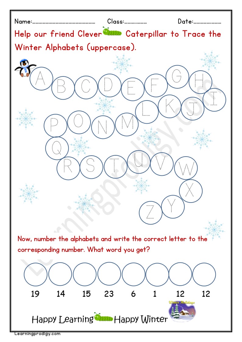Free Printable Winter Theme English Alphabets Tracing Lower case.