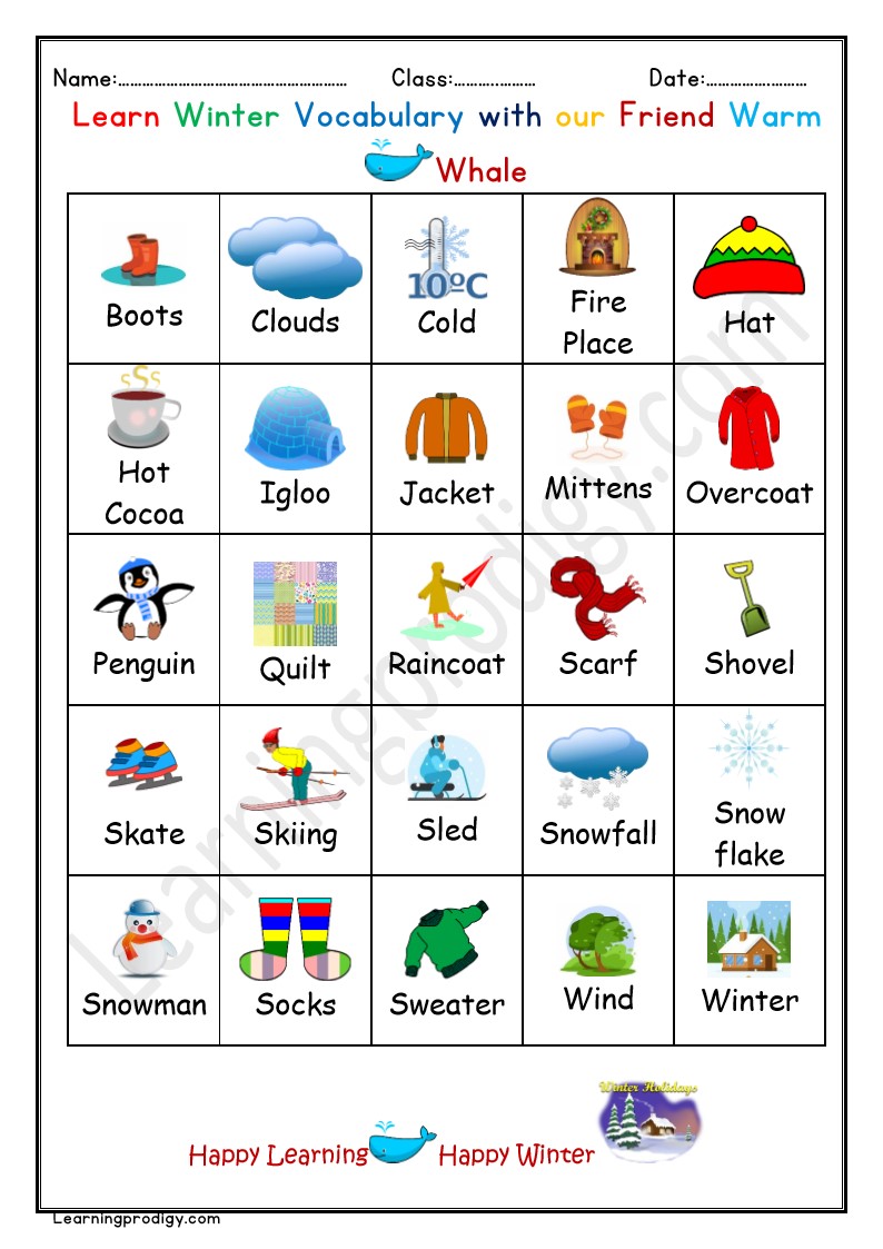 Free Printable Winter Picture Dictionary | Winter Vocabulary Chart with Pictures