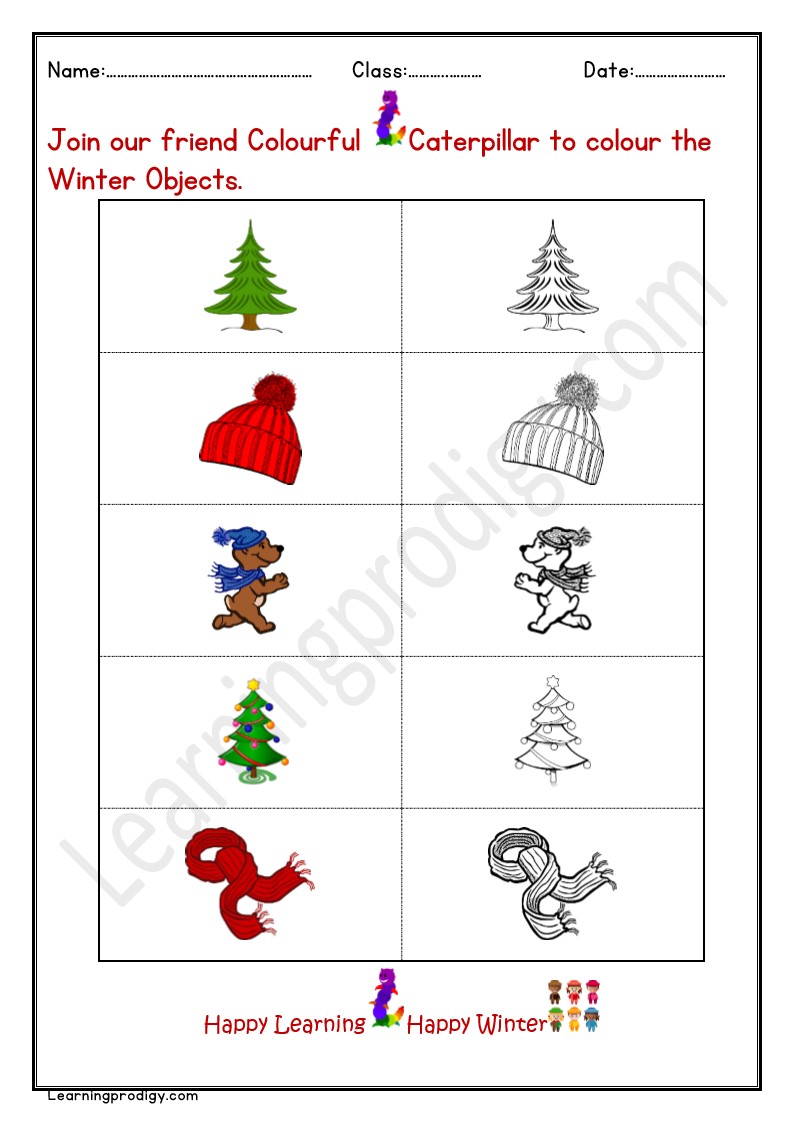 Free Downloadable Colouring Winter Objects Sheet for Kindergarten Kids.