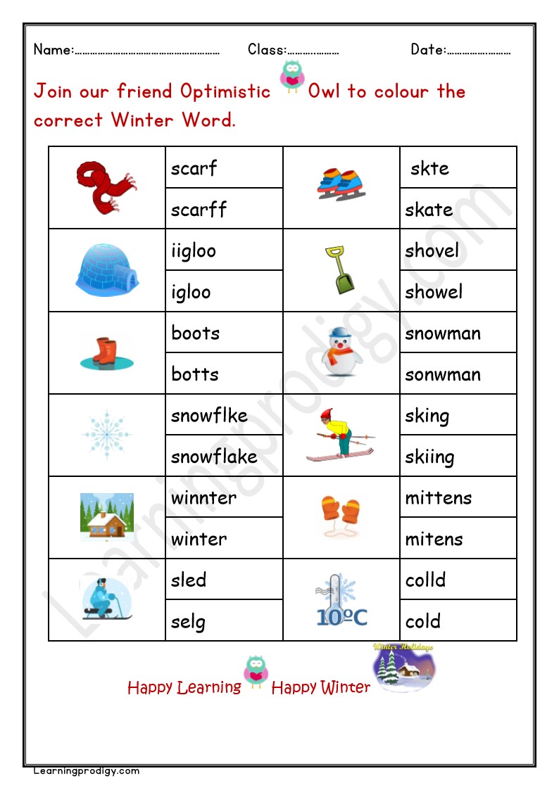Free Printable Winter Theme Correct Word Worksheet | English Spelling Worksheet.