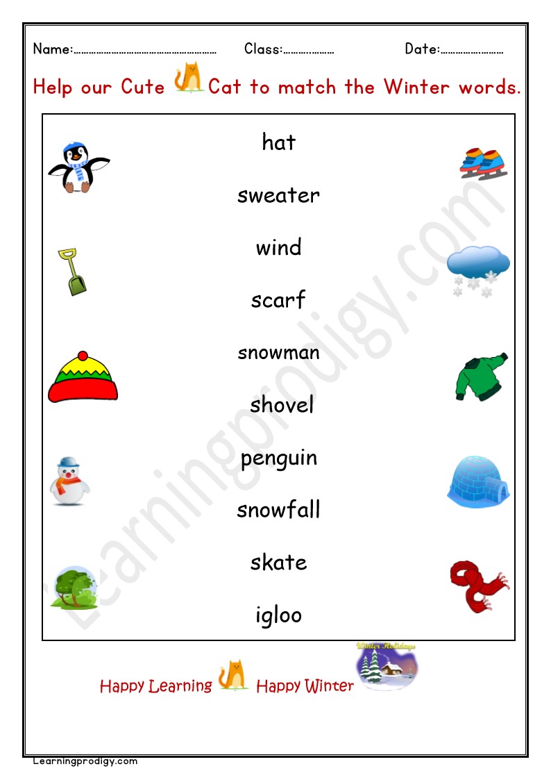 Free Printable Winter Theme Matching Worksheet for Grade One Kids.