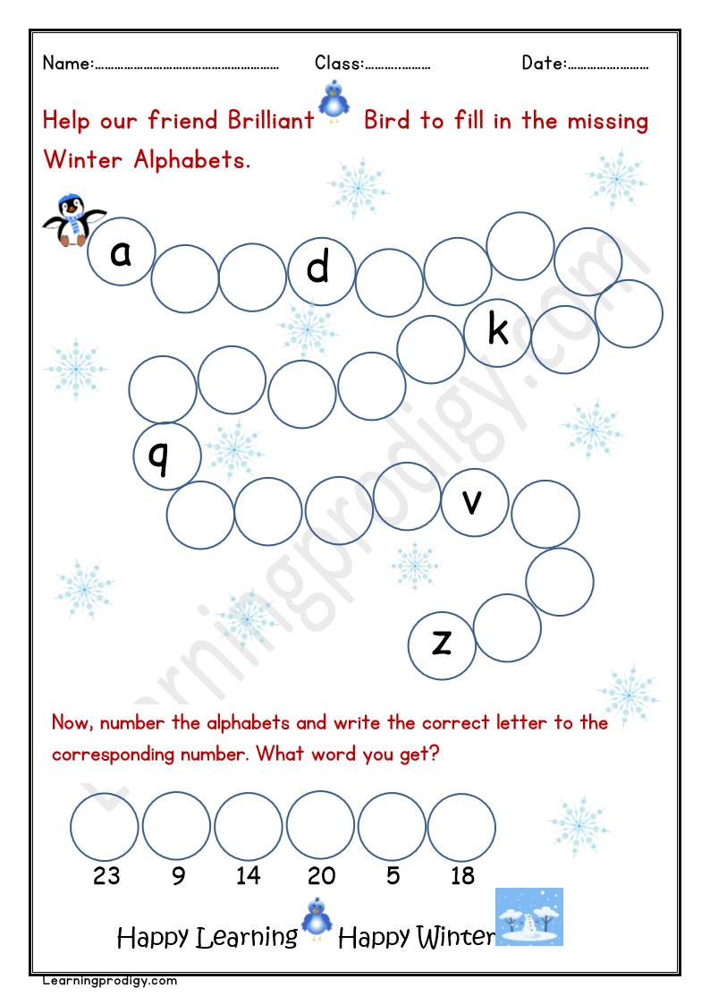 Free Printable Winter Theme English Missing Alphabets Worksheet for Kindergarten kids.