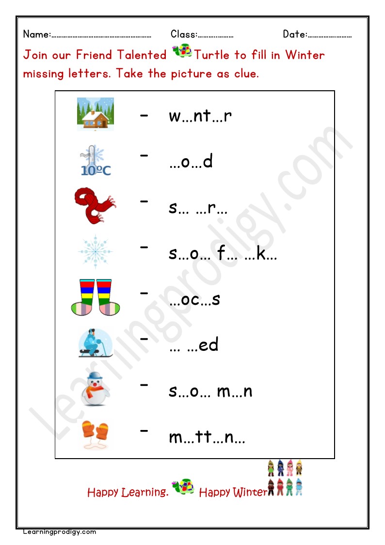 Free Printable Winter Theme Missing Letters Worksheet With Pictures.