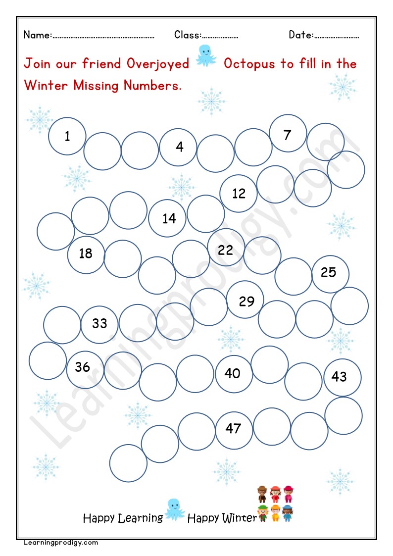Free Printable Winter Missing Numbers Worksheet for Kindergarten Kids.