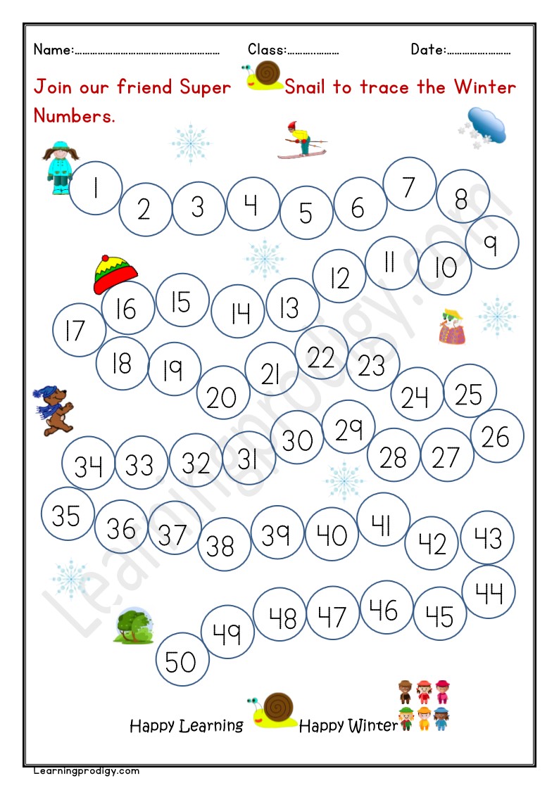 Free Printable Winter Numbers Tracing Worksheet For Pre-K Kids (1-50).
