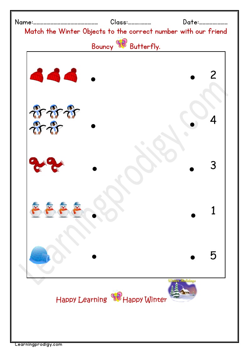 Free Printable Winter Objects Quantity Matching Worksheet For Pre-K Kids.
