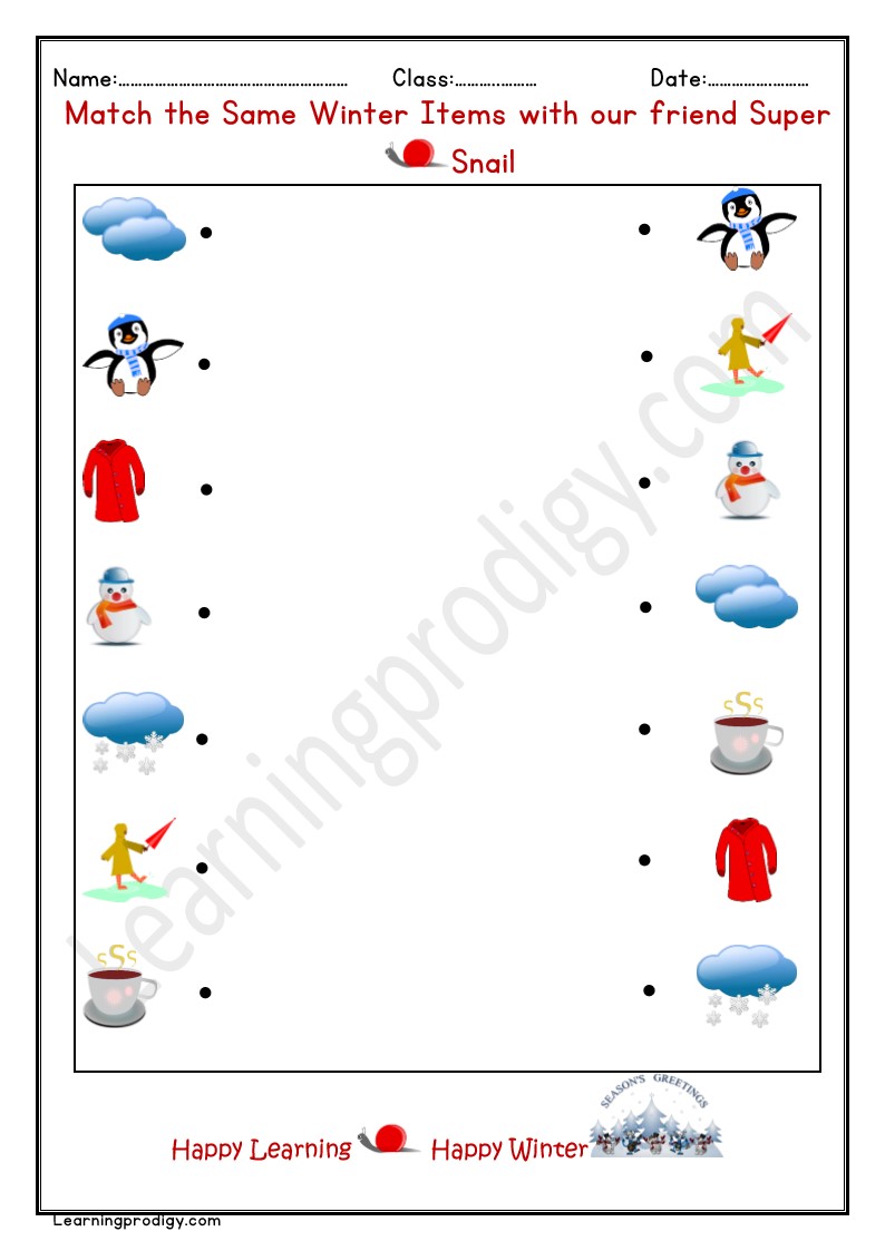 Free Printable Winter Theme Same Item matching Worksheet for School Kids.