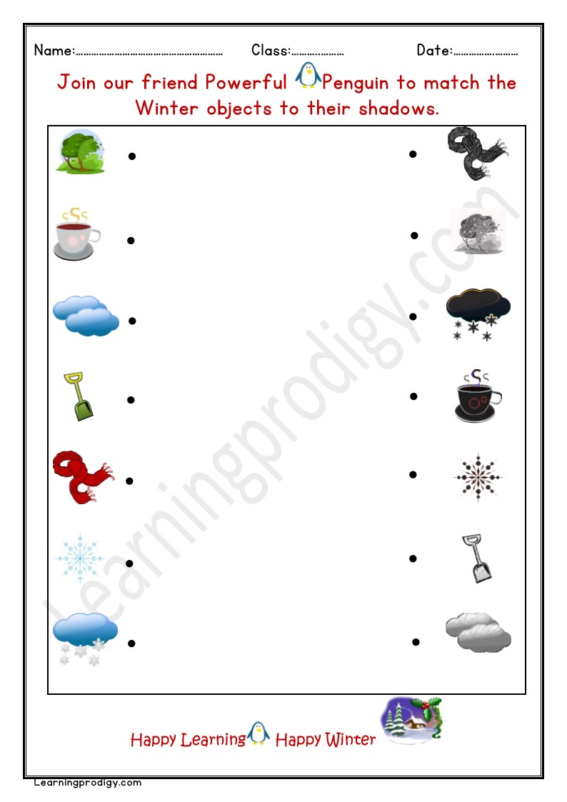 Free Printable Winter Theme Shadow Matching Worksheet for Kids | Winter Logical Reasoning.