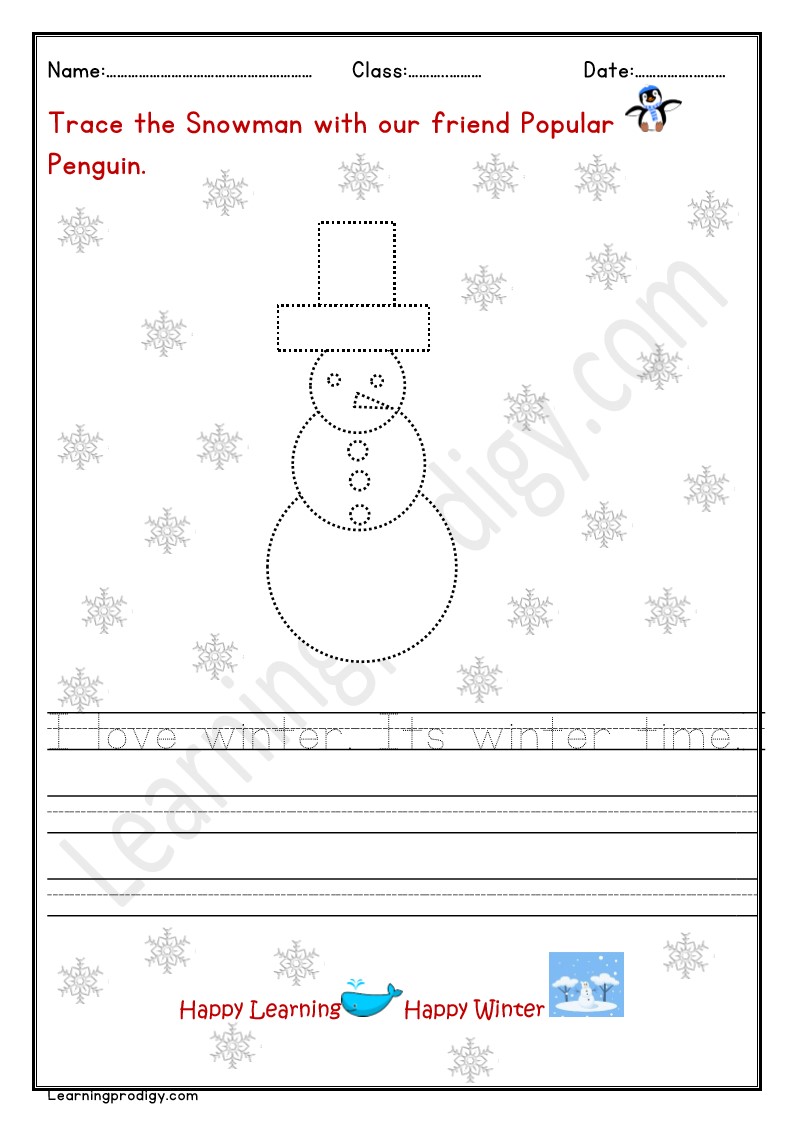 Free Printable Snowman Tracing and Colouring Sheet for Kids.