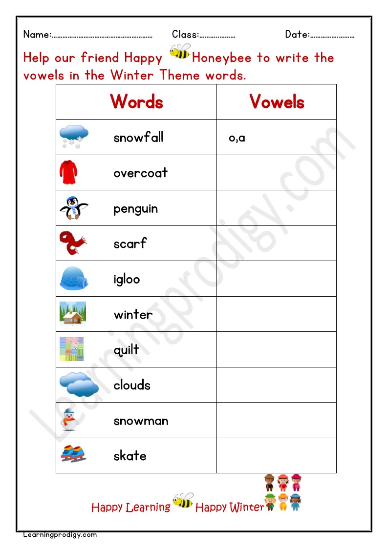 Free Printable Winter Theme Vowels Worksheet for Grade One Kids with Pictures.