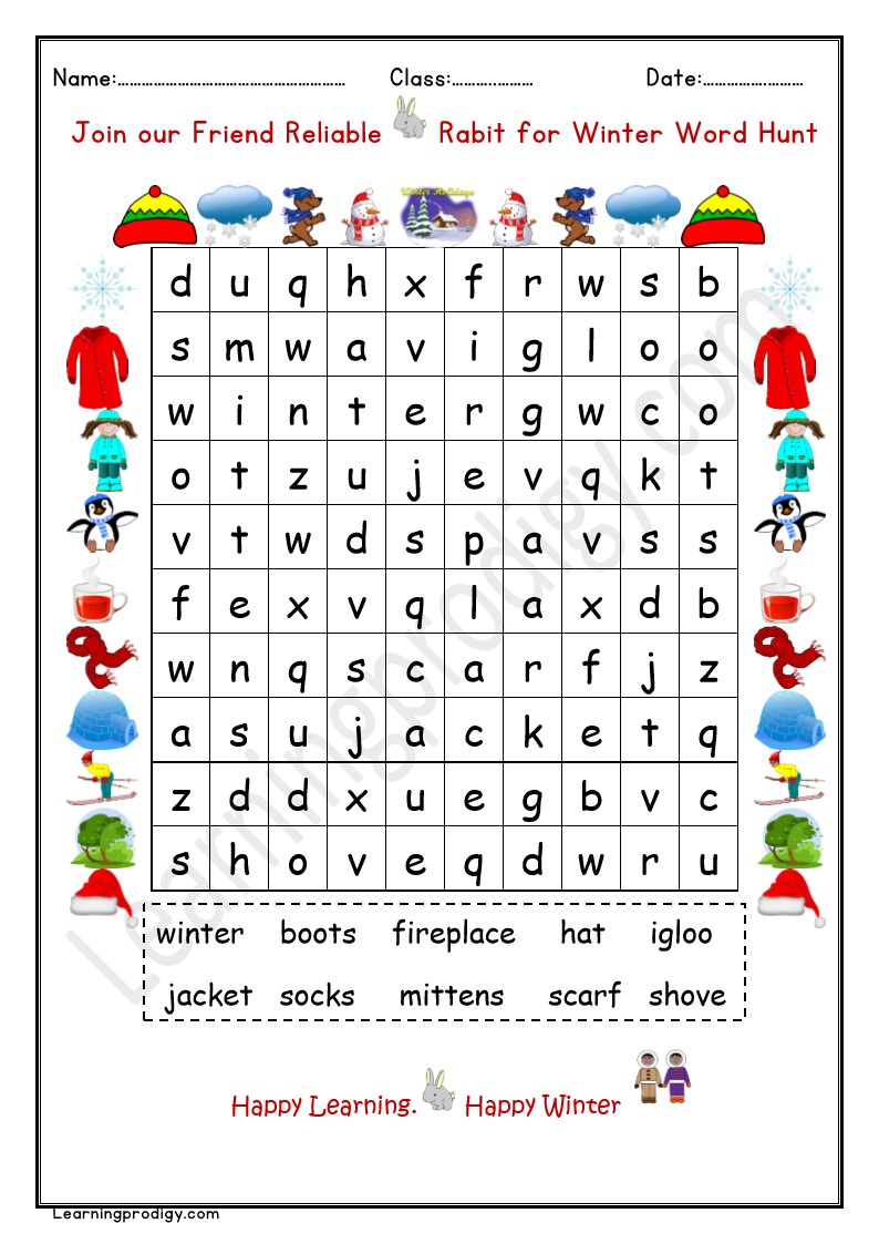 Free Printable Winter Word Hunt Activity Sheet with Answers.