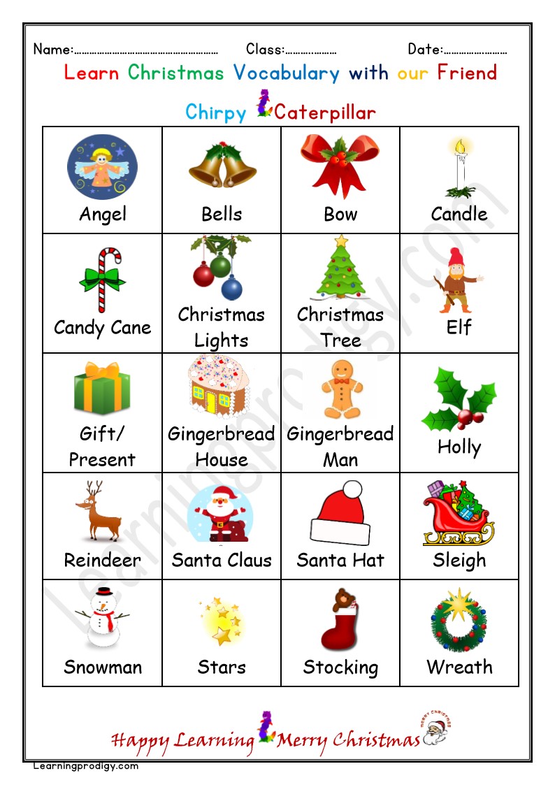 Free Printable Christmas Picture Dictionary | Christmas Theme Chart with Pictures.