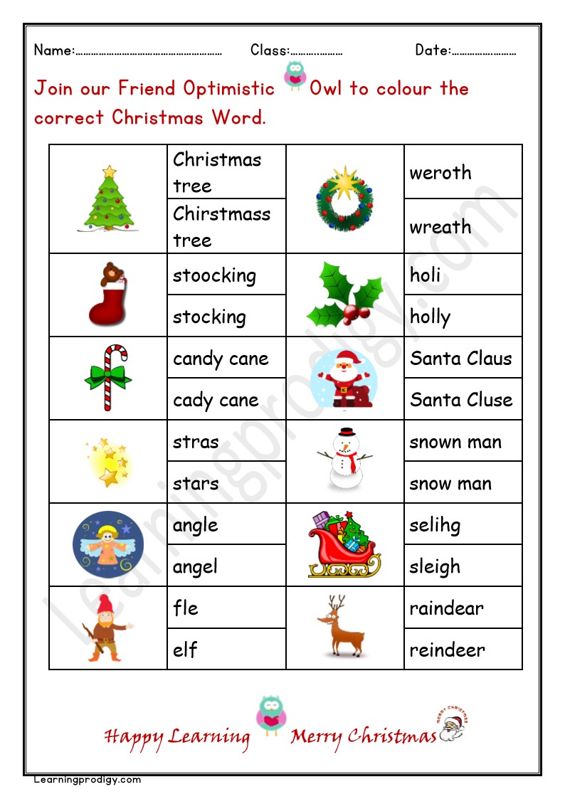 Free Printable Christmas Spelling Worksheet for Grade One Kids.