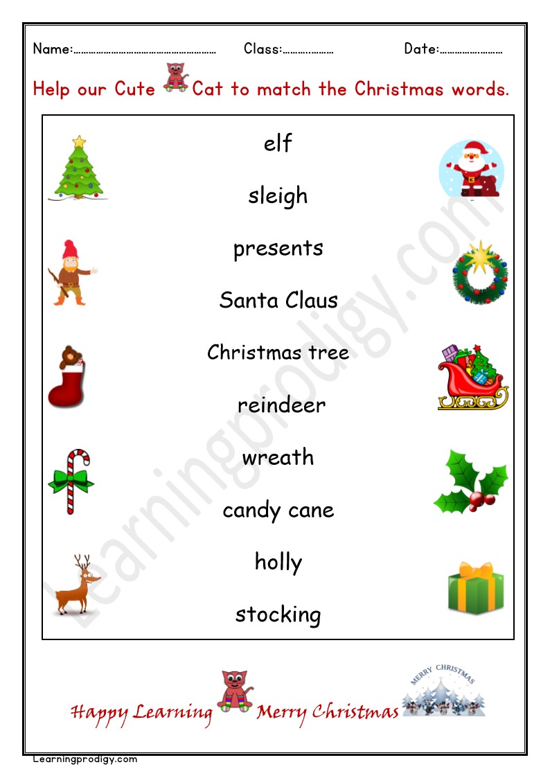 Free Printable Christmas Matching Worksheet for Kids with Pictures.