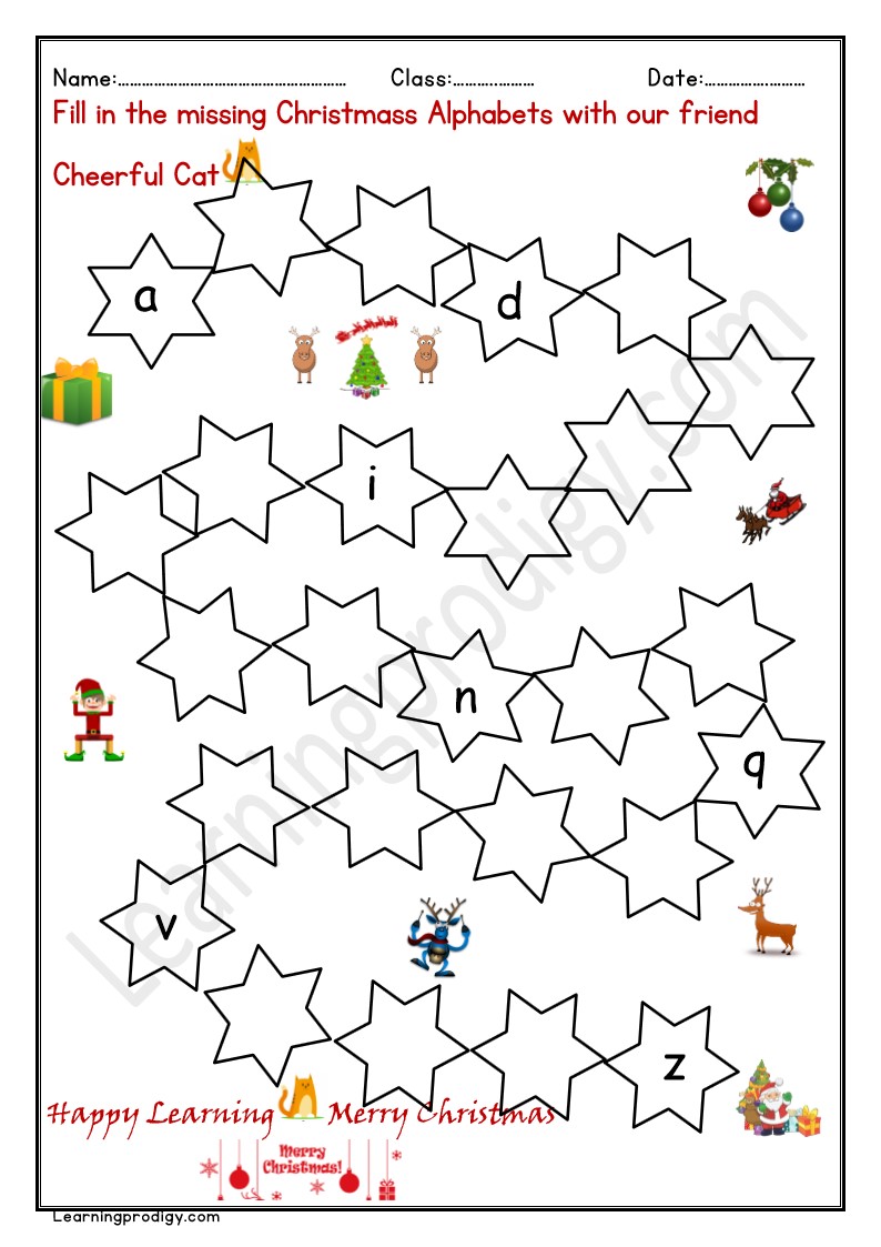Free Printable Christmas English Missing Alphabet Worksheet for Kindergarten Kids.