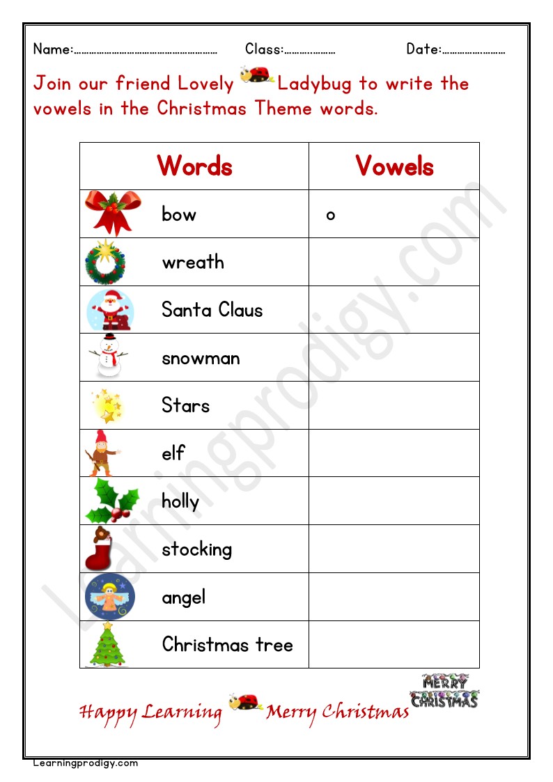 Free Printable Christmas Vowels Worksheet For Kindergarten Kids.