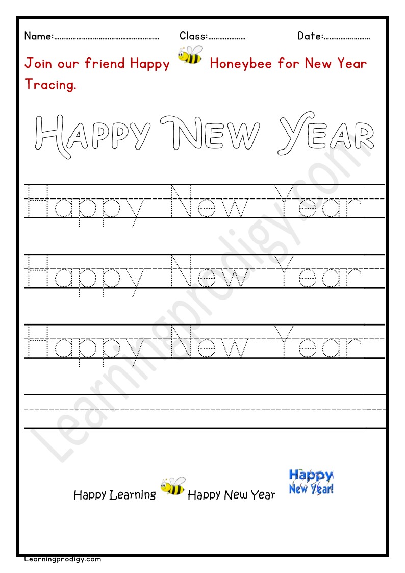 Free Printable New Year Tracing Worksheet for Kids.