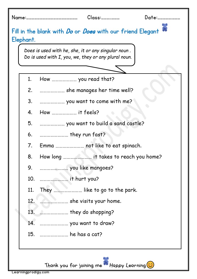 Free Printable 'Do' or 'Does' English Worksheet for Grade One Kids ...